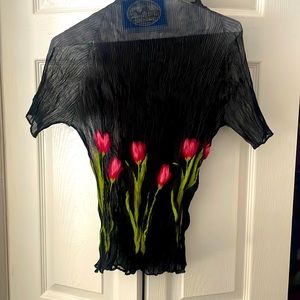 Silk rutched black see-through t shirt with flowers